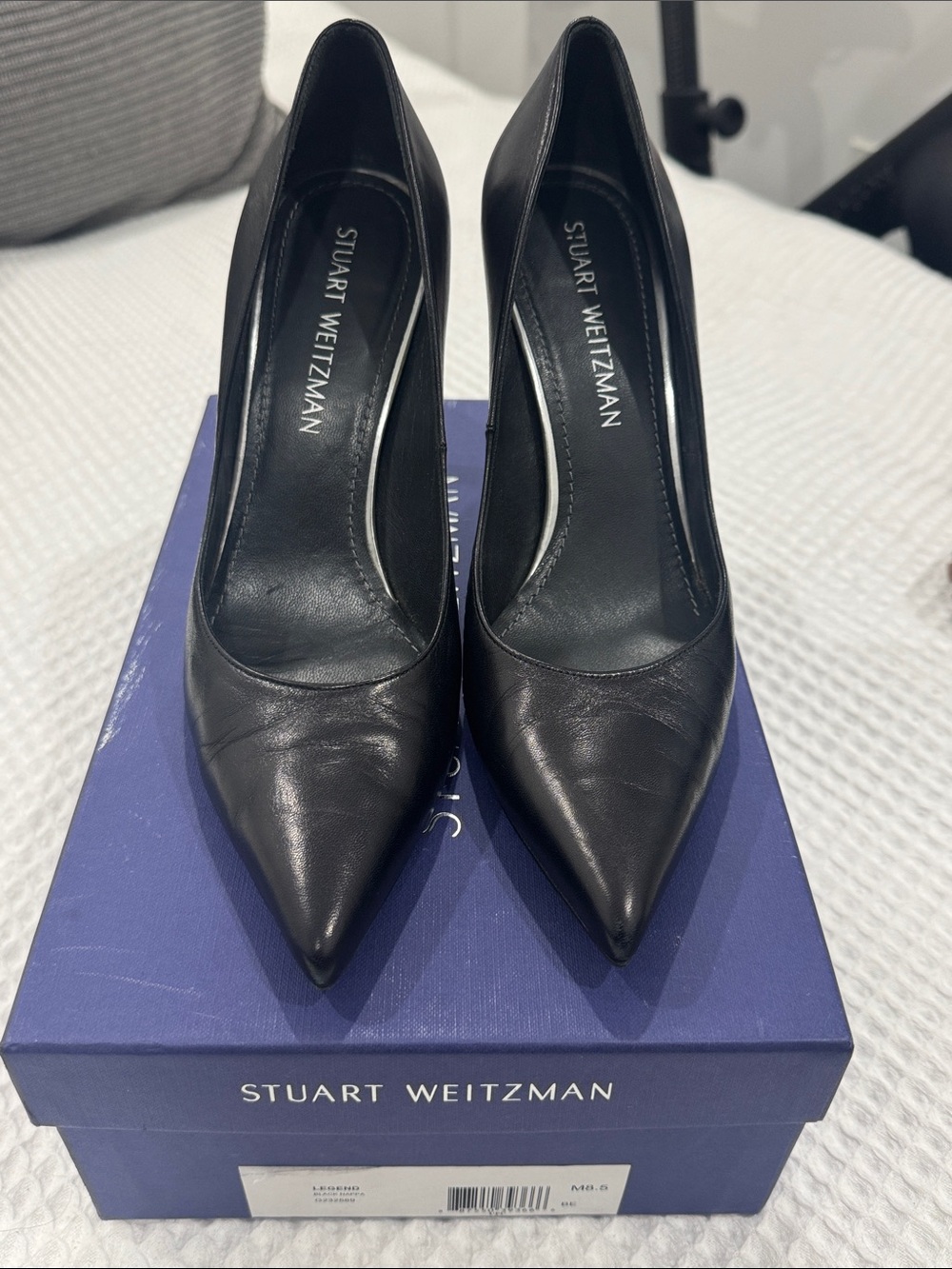 Stuart Weitzman Black Pointed-Toe Leather Pumps